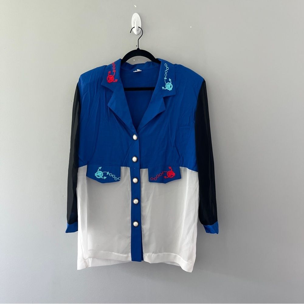 Vintage Nautical Colorblock Blouse Sheer USA Long Sleeve Button Front